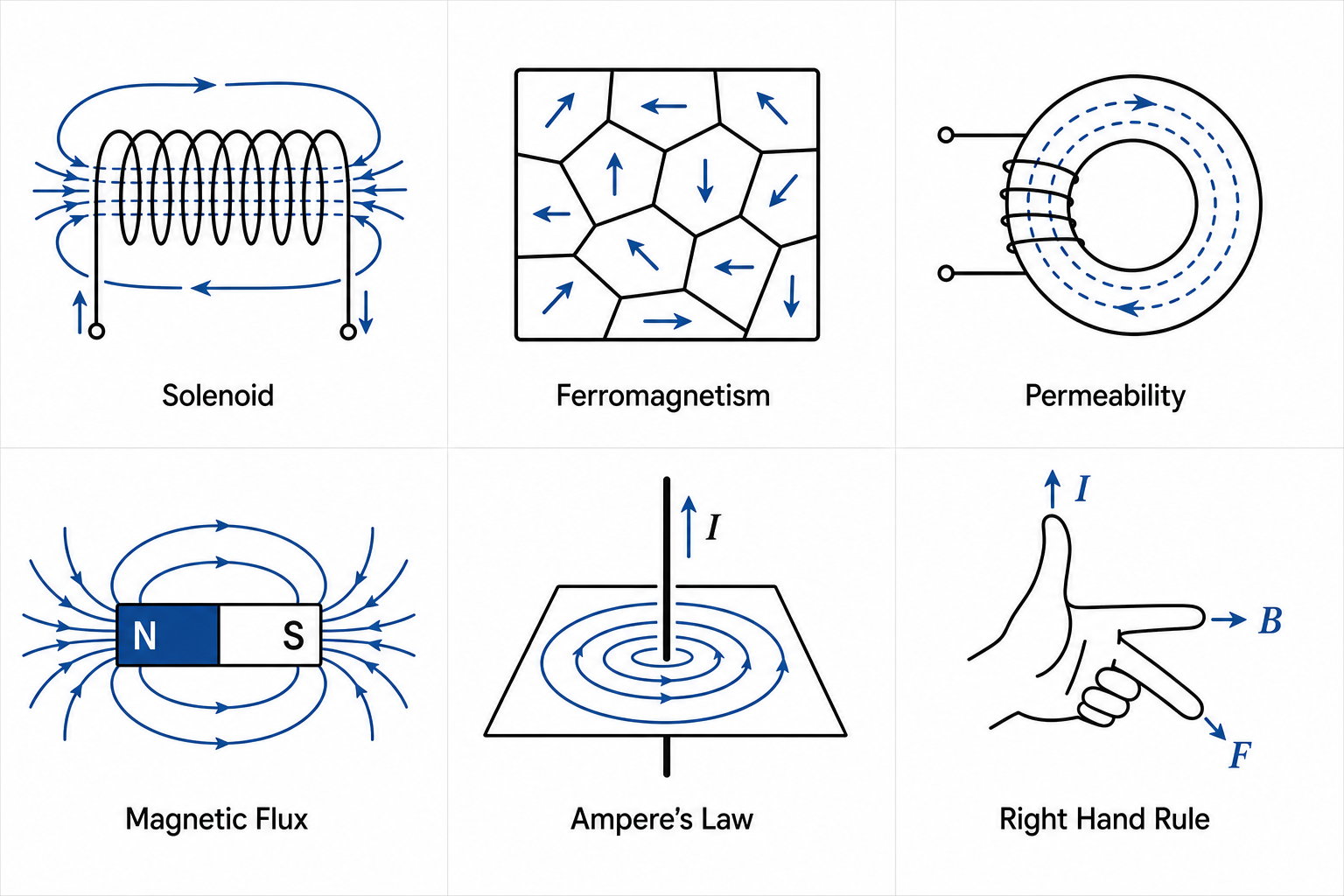 Physics icons showing solenoid, flux, and right hand rule