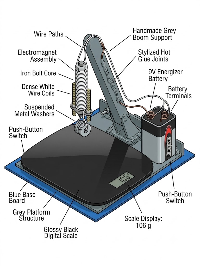 Labeled diagram of my electromagnetic crane prototype