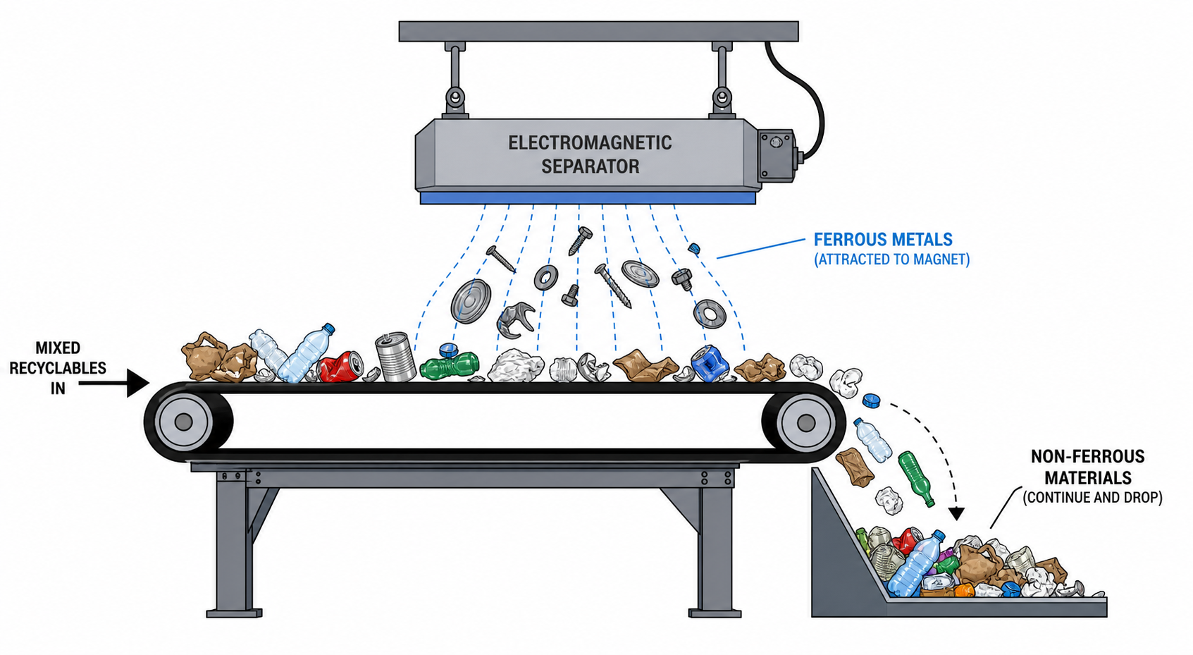 Electromagnetic separator pulling metal from mixed recycling